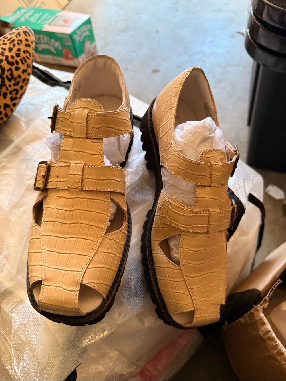 INTENTIONALLY BLANK Croc-Embossed Fisherman Sandals in Tan
